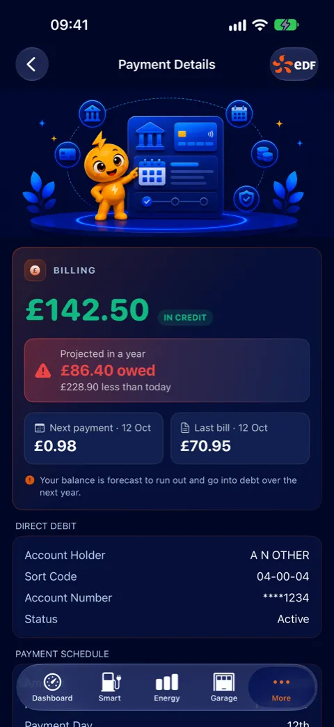 Payment details with balance, projection and Direct Debit