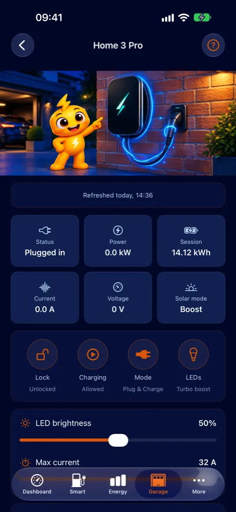 Garage tab showing a home charger's live status and controls