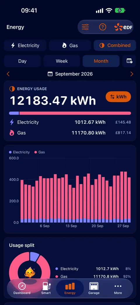 Energy tab showing a week of electricity and gas together, each priced