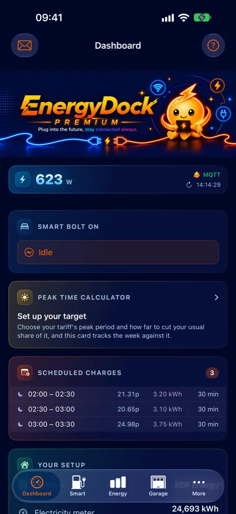 EnergyDock dashboard showing live power, charge status and scheduled charges