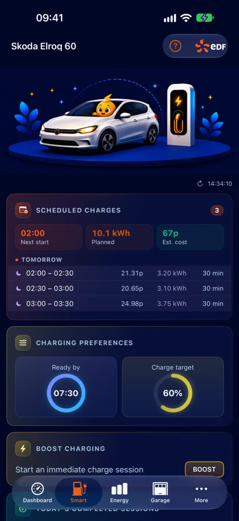 Smart charging screen with scheduled charges, ready-by time and charge target