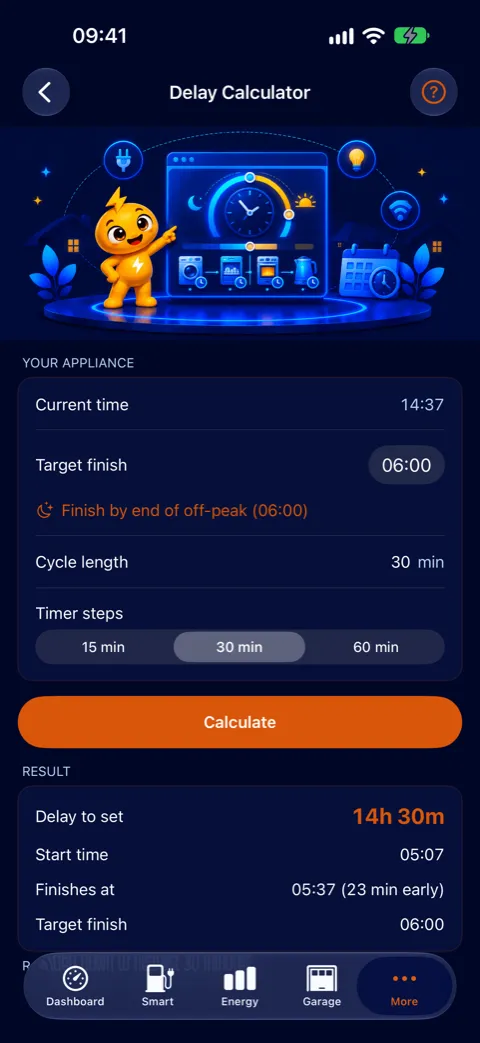 Delay calculator for timing an appliance into off-peak